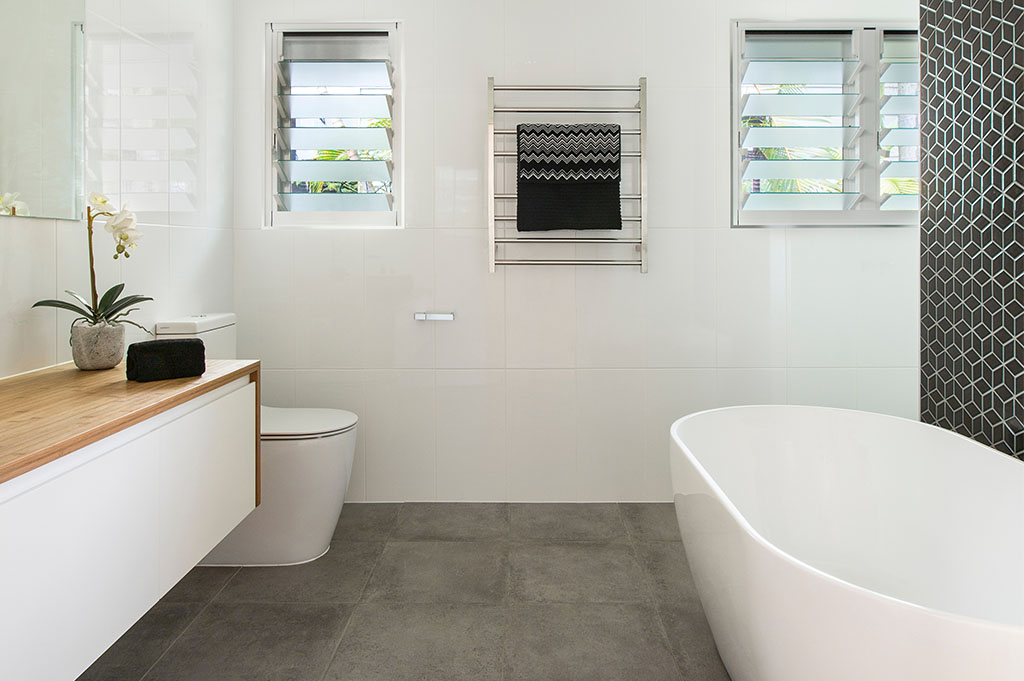 Brisbane Bathroom Company Modern Large White Bathroom with black geometric focal wall
